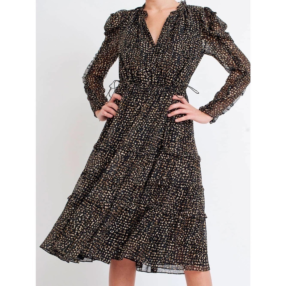 Ulla Johnson Alessandra Tie-Neck Ruffle Long Sleeve Tiered Midi Dress Black 0